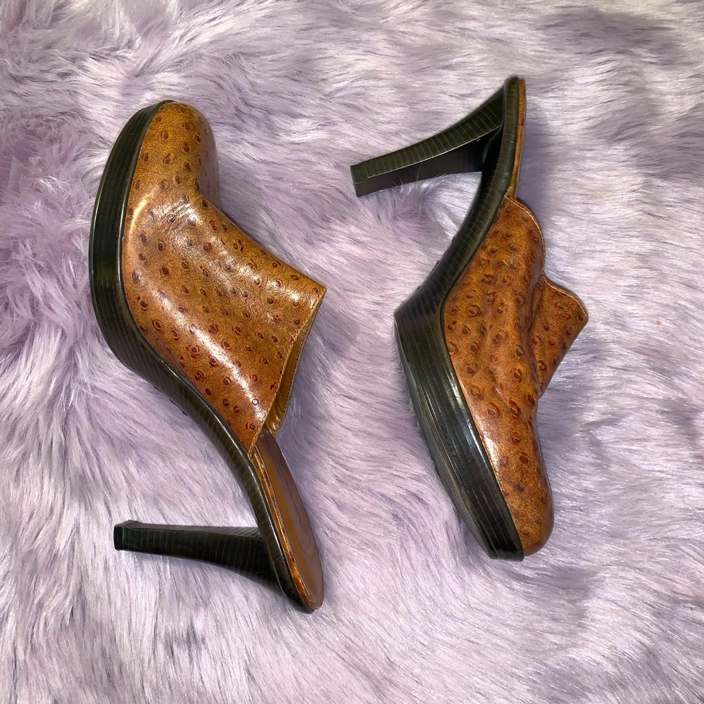 Mina tan ostrich leather slip on clogs size 9.5